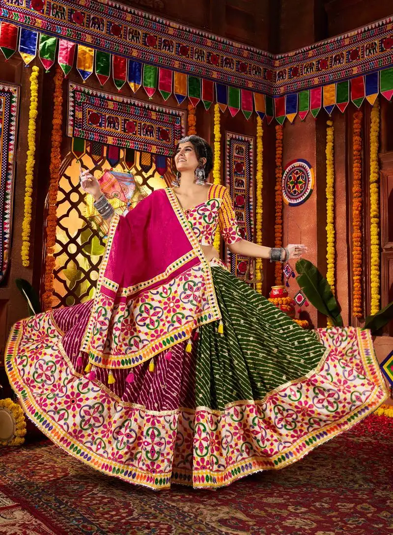 Multicolor mirror work embroidered printed cotton stitched lehenga choli