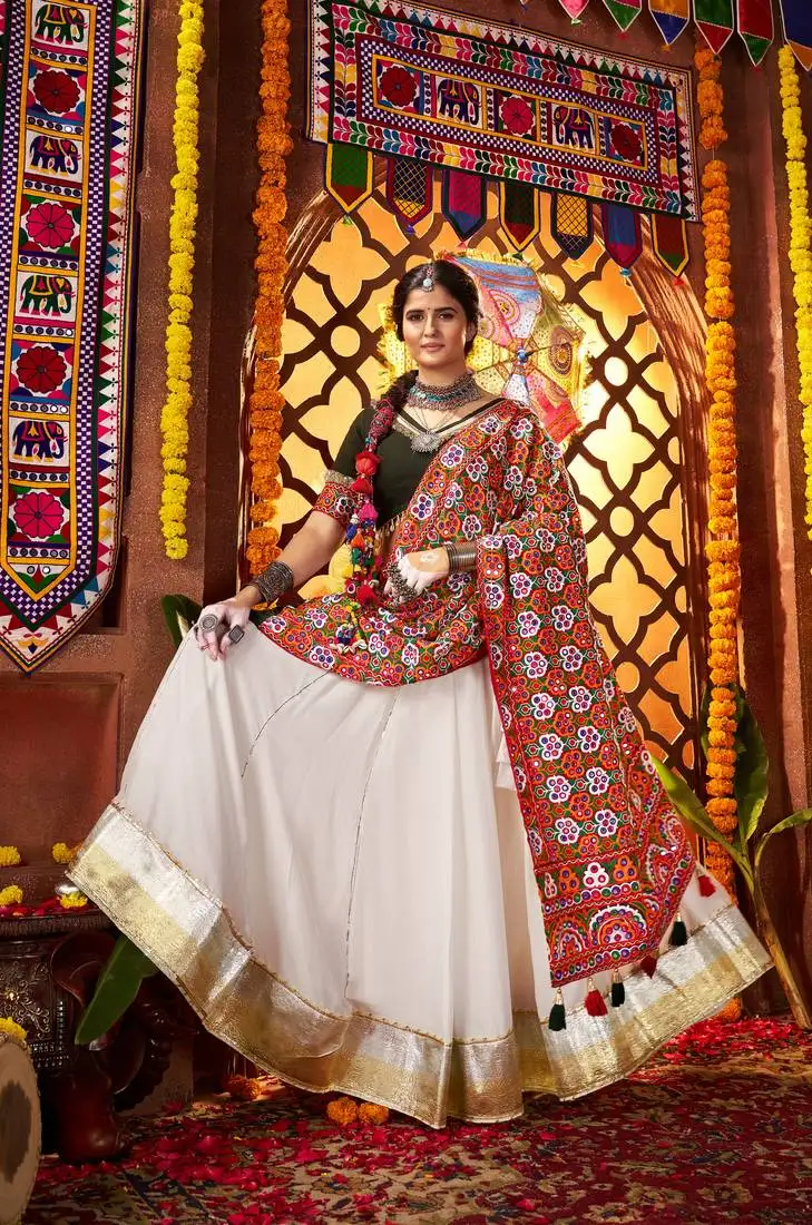 White mirror work embroidered printed silk stitched lehenga choli