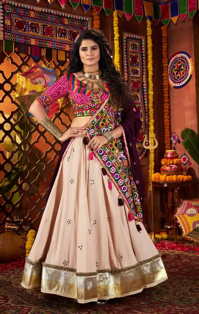 Beige thread mirror embroidered viscose navratri special stitched lehenga choli