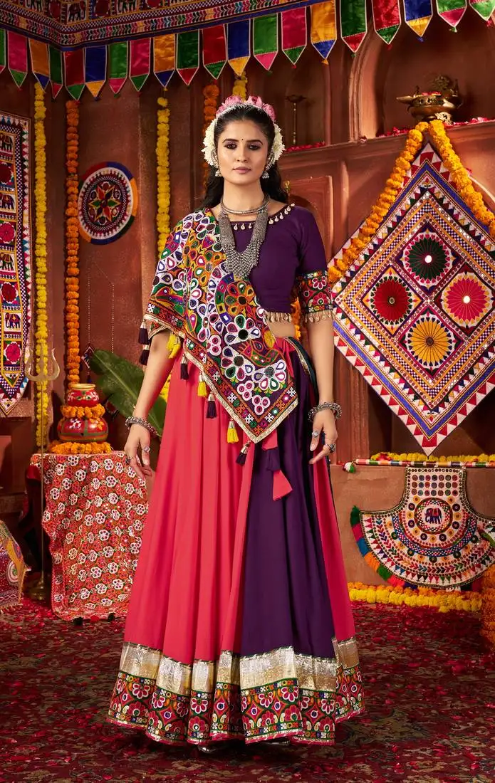 Purple rani pink thread mirror embroidered viscose navratri special stitched lehenga choli
