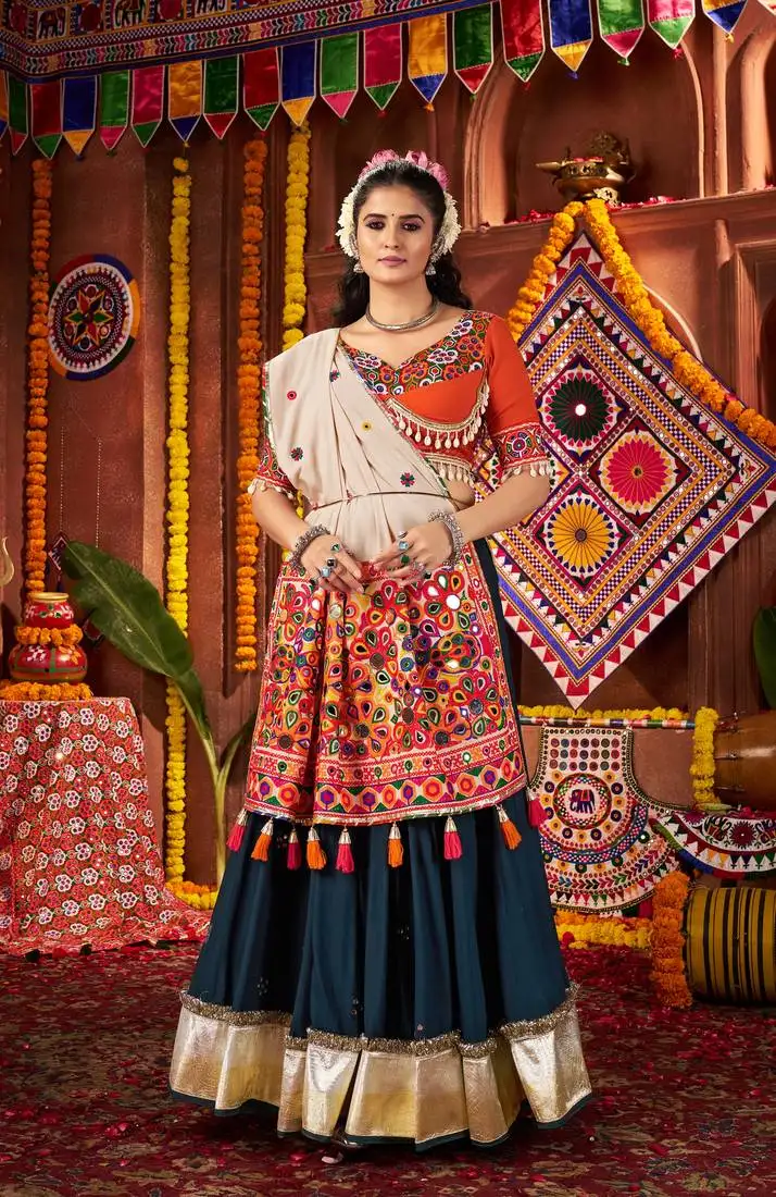 Teal thread mirror embroidered viscose navratri special stitched lehenga choli