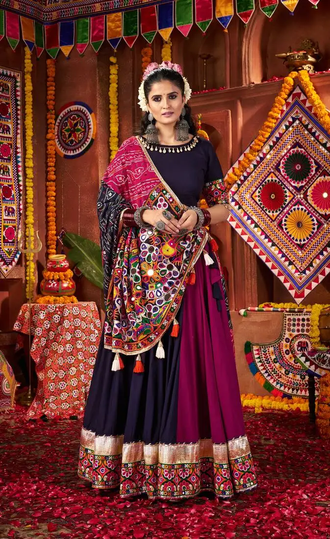 Maroon and navy blue navratri lehenga choli with kutch mirror work garba dress for women