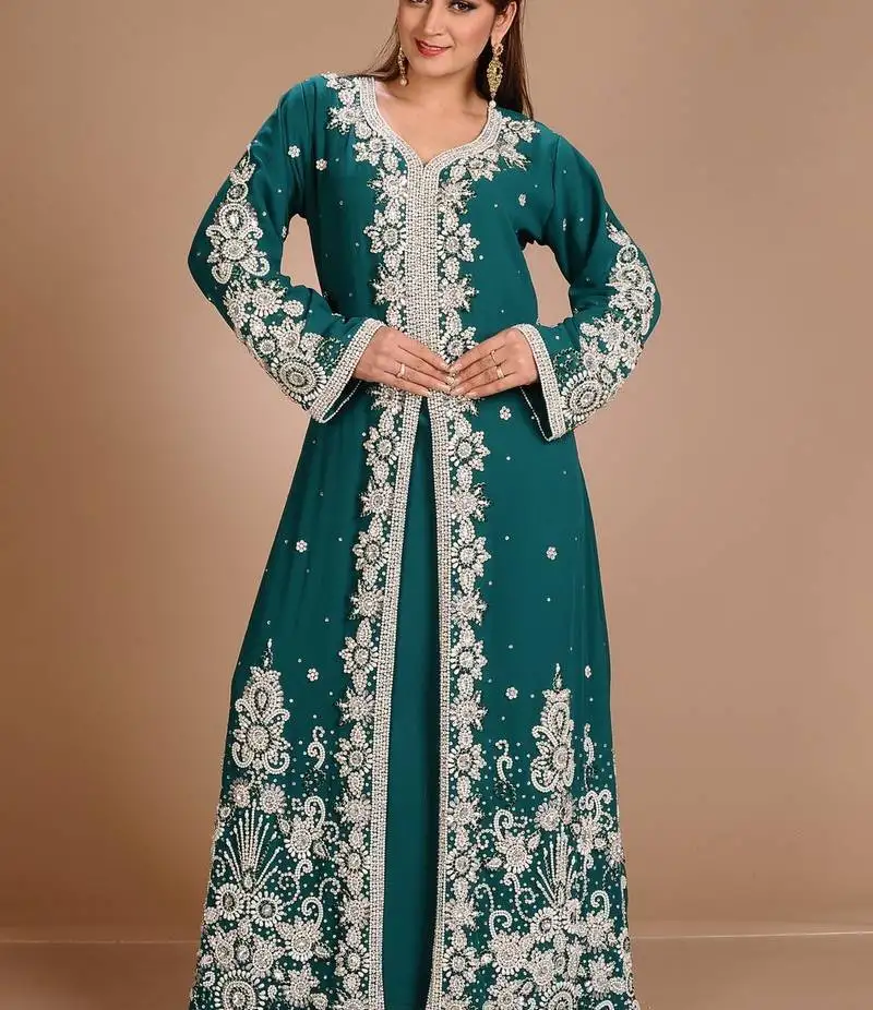 Green zari stones embellished georgette islamic maxi kaftan