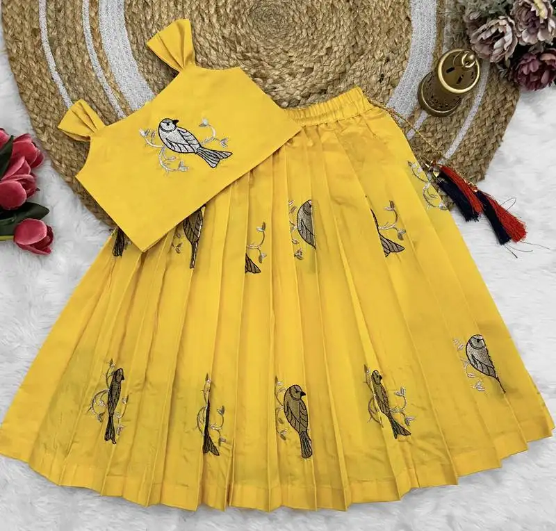 Kids embroidery south indian traditional yellow pattu pavadai silk blend readymade lehenga choli dress for girls