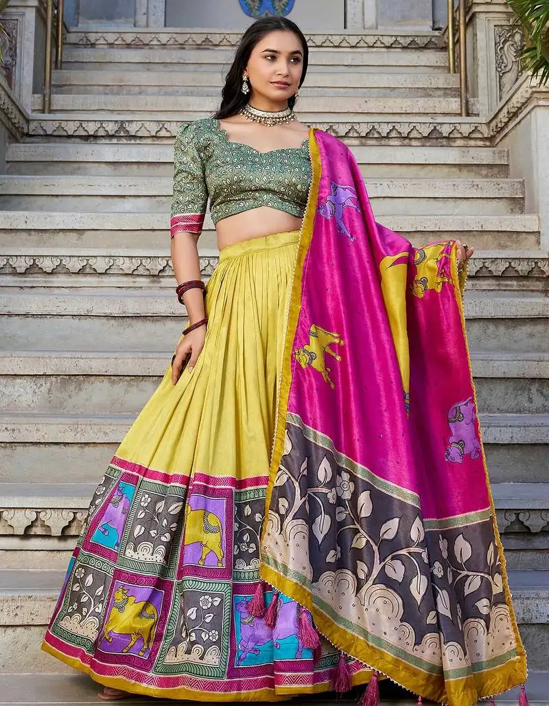 Mustard yellow tussar silk kalamkari print lehenga choli