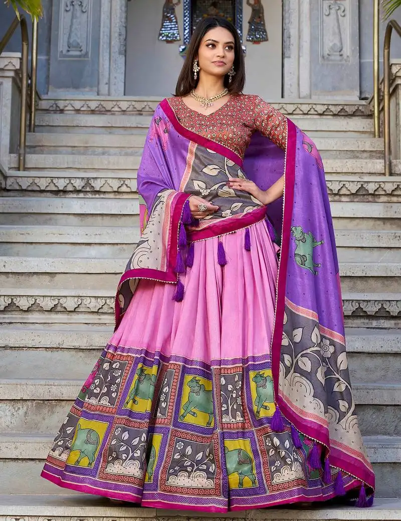 Pink tussar silk foil work lehenga choli with dupatta