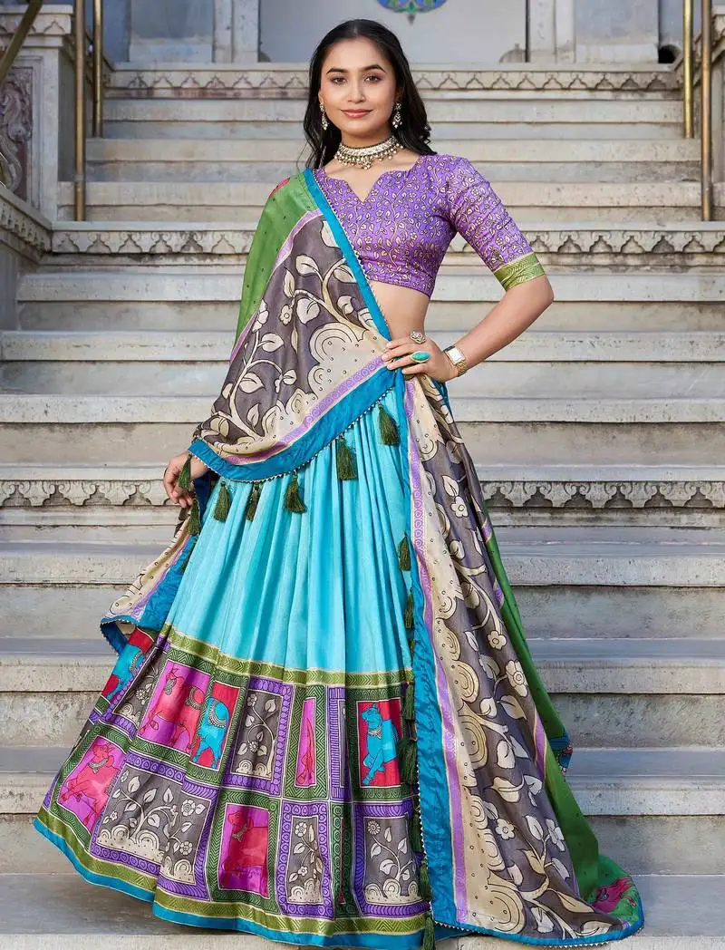 Sea green kalamkari printed tussar silk lehenga choli