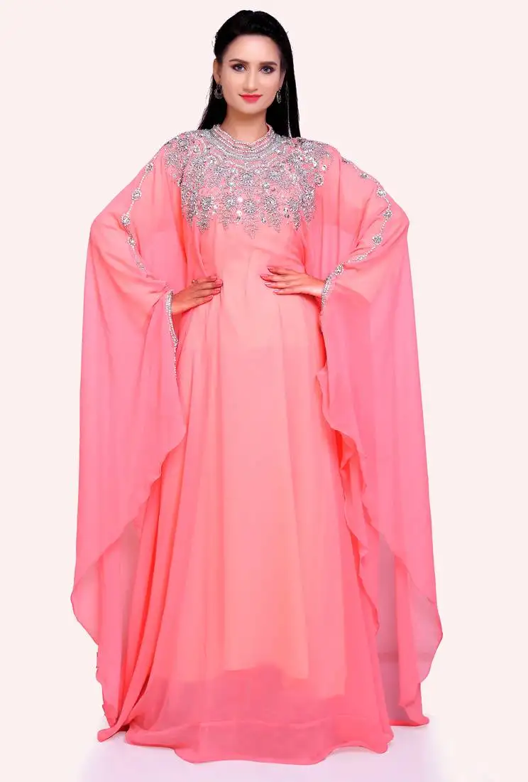 Glam peach designer stitched kaftan with heavy hand stone work embellishment