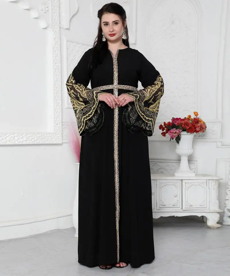 Big flaired sleeve jalabiya with golden aari embroidery