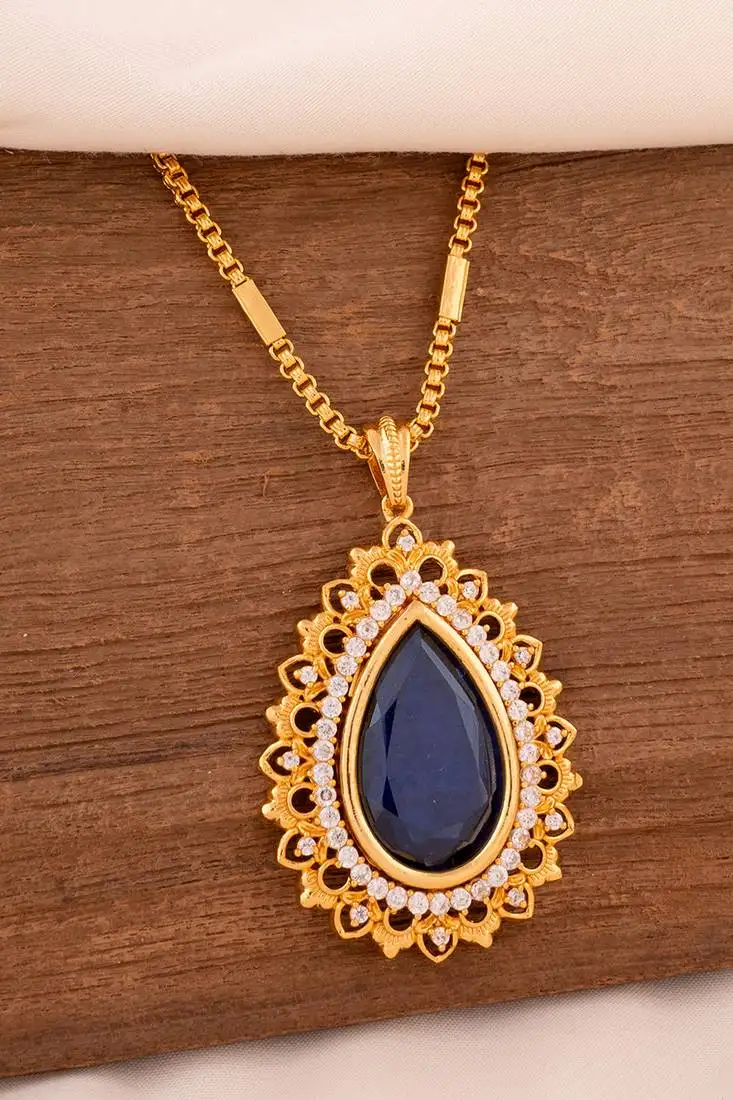 blue stone pendant box chain necklace one gram gold
