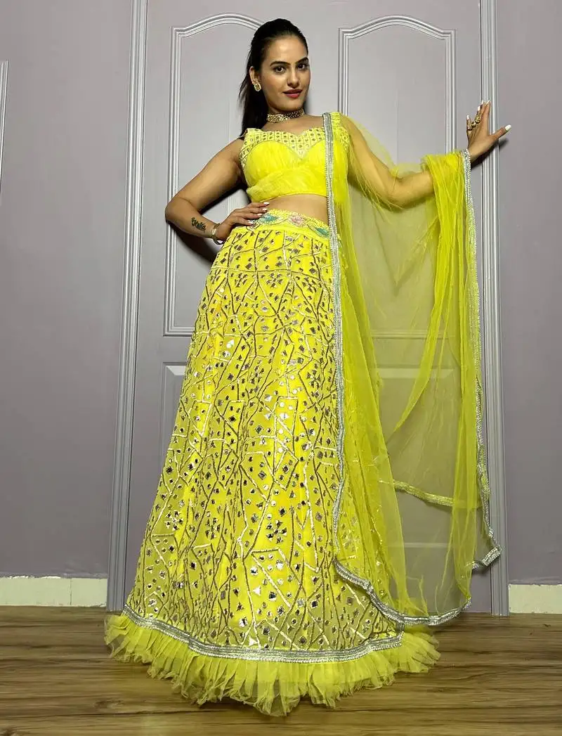 Yellow zari embroidered with paper foil work georgette lehenga dress