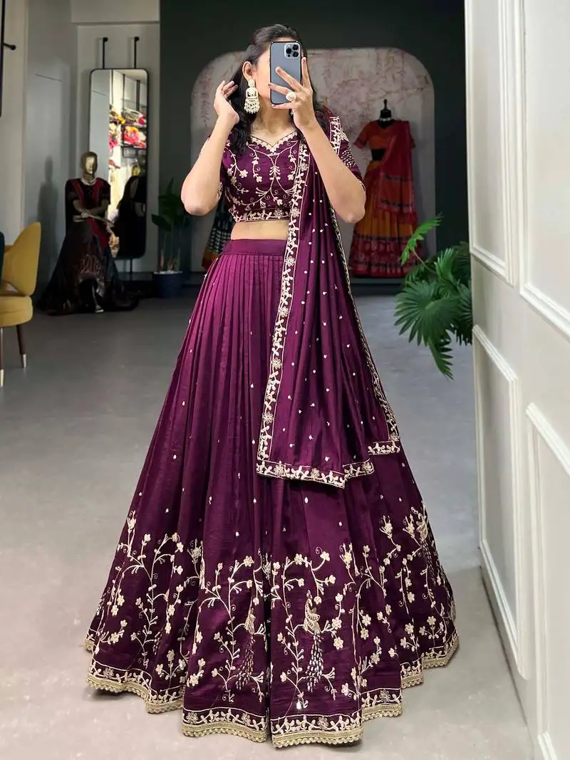 Tantalizing wine silk sequins embroidered lehenga choli with dupatta