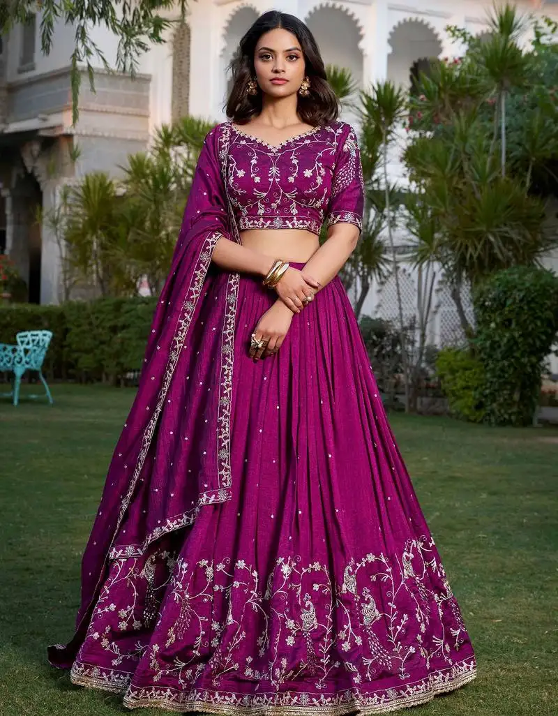 Rich wine silk sequins embroidered lehenga choli with dupatta