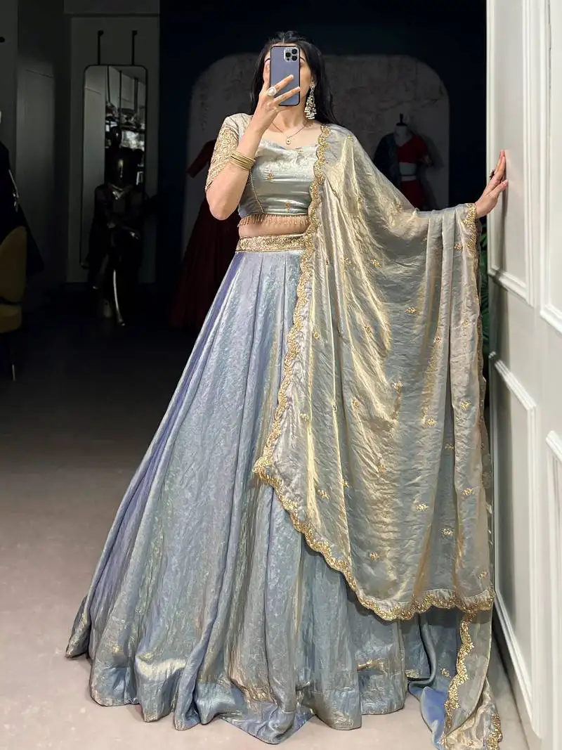 Artistic sky blue thread embroidered organza lehenga choli