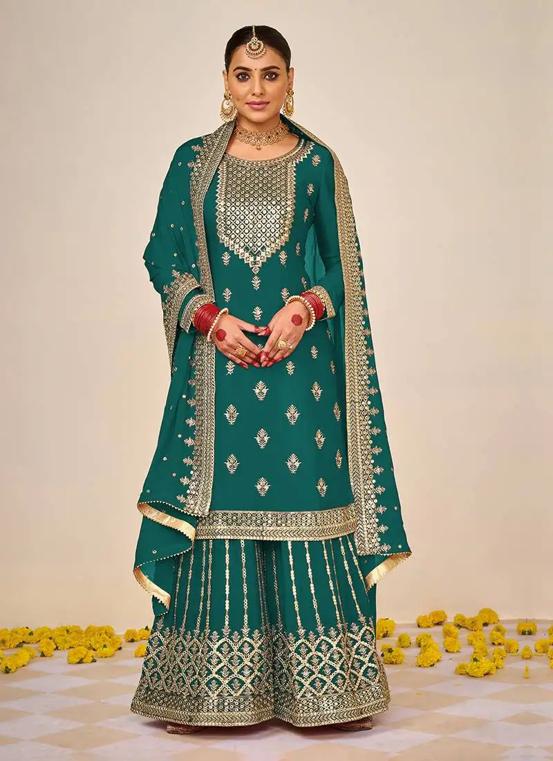 Green embroidery & sequence work faux georgette palazzo semi stitched