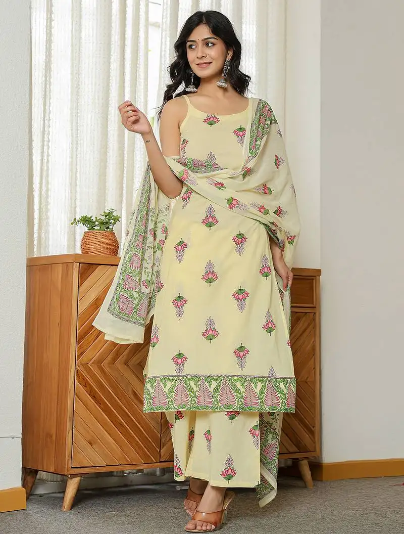 Yellow pure cotton sleeveless strappy anarkali kurta dupatta set