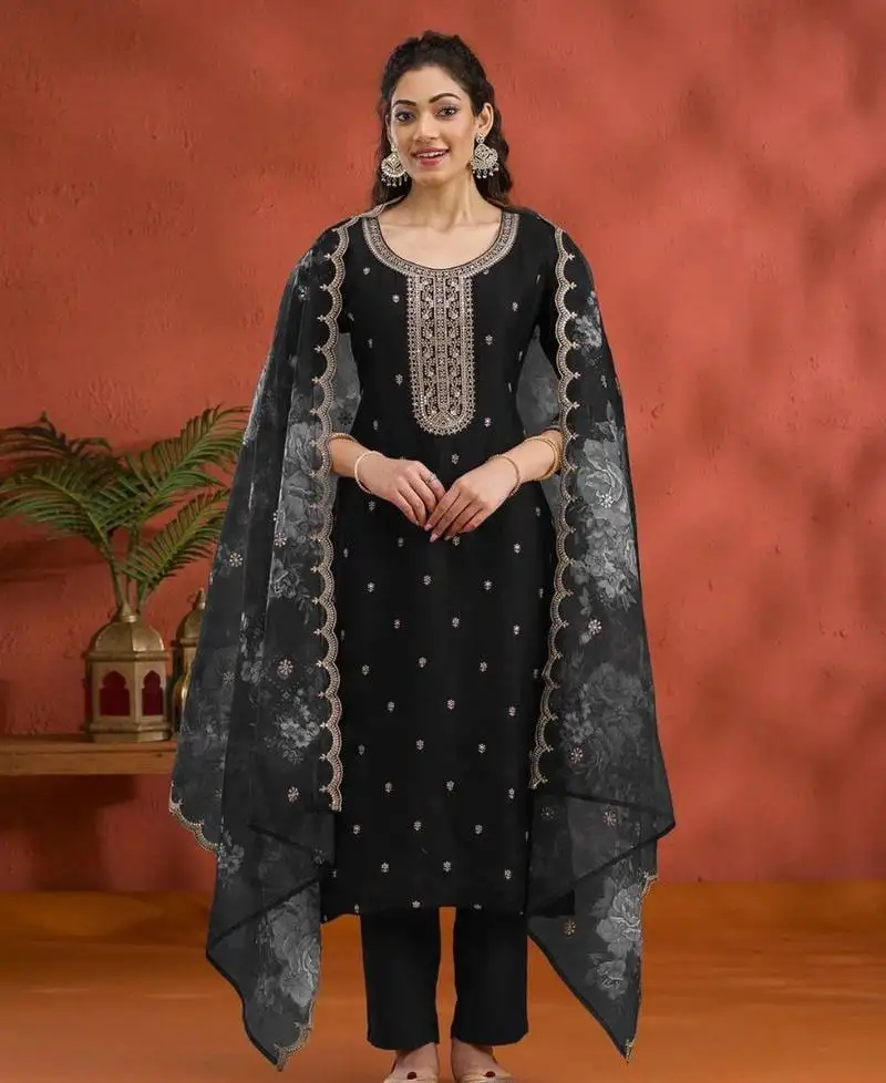 Black embroidered salwar suit with dupatta unstitched