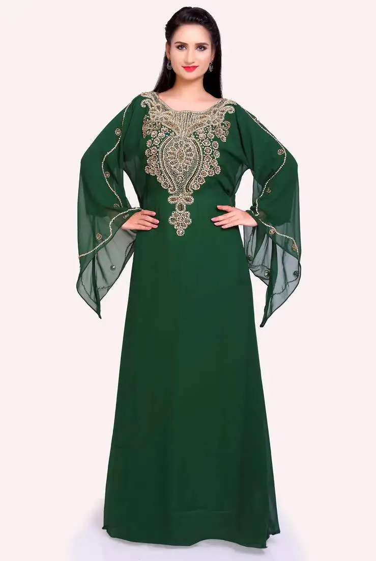 Elegant green stitched kaftan gown for celebrations with golden handwork embroidery