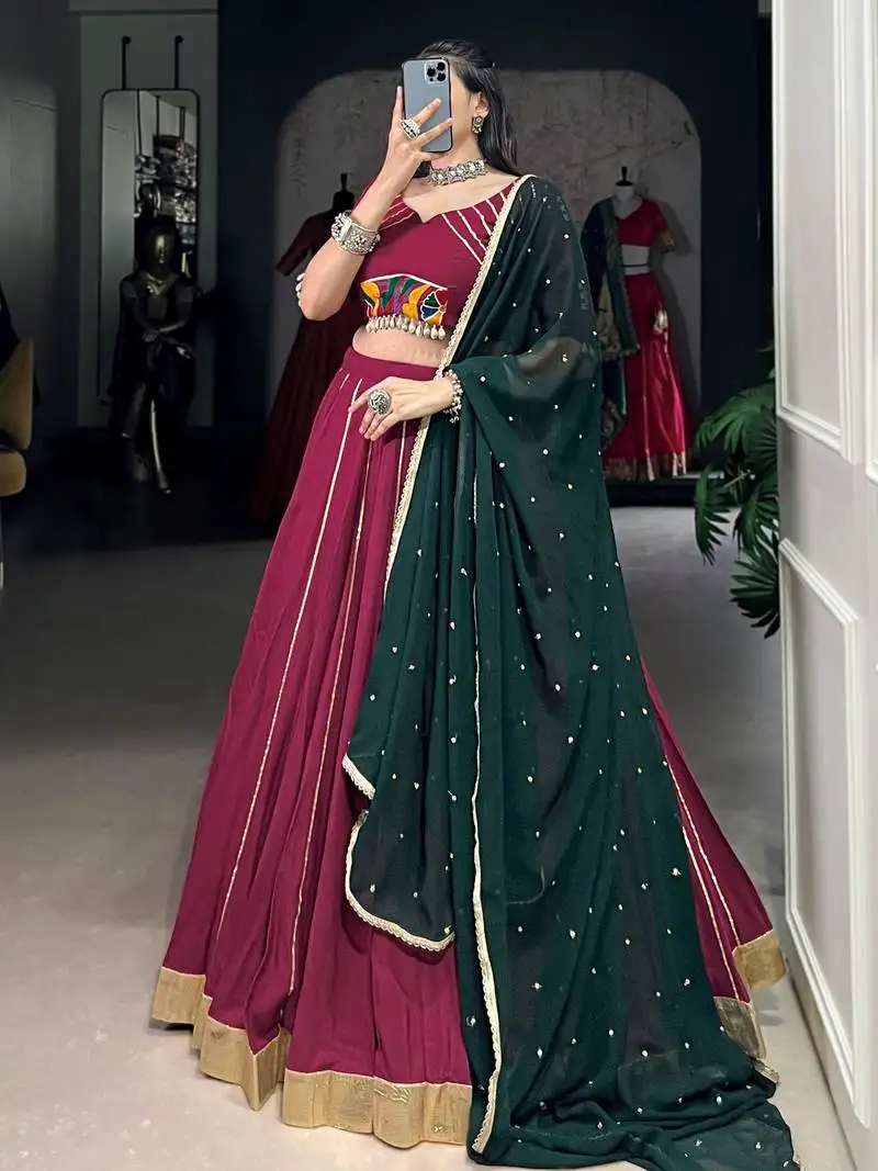 Maroon gamthi work pure rayon lehenga choli with dupatta