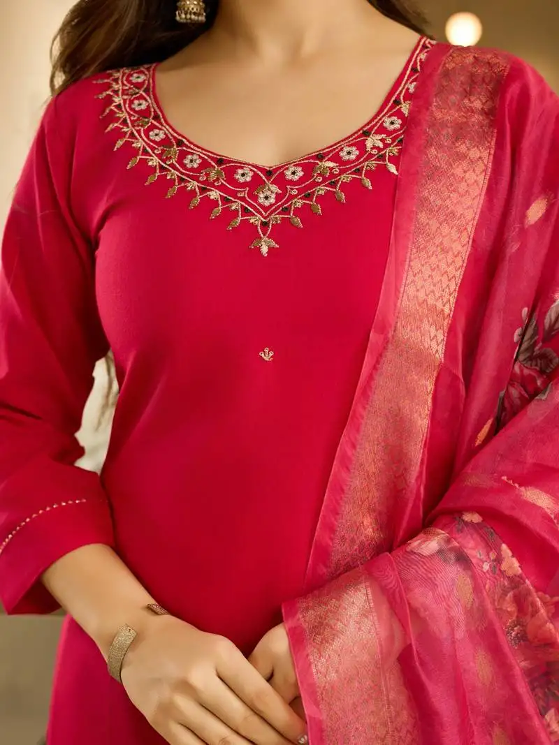 Pink viscose embroidered straight kurta with pant and dupatta sets stitched