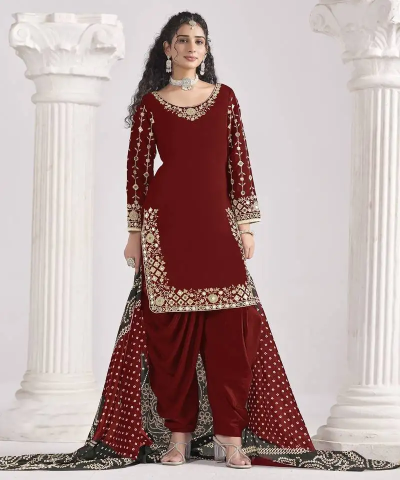Maroon roman silk original mirror work patiala salwar kameez semi stitched