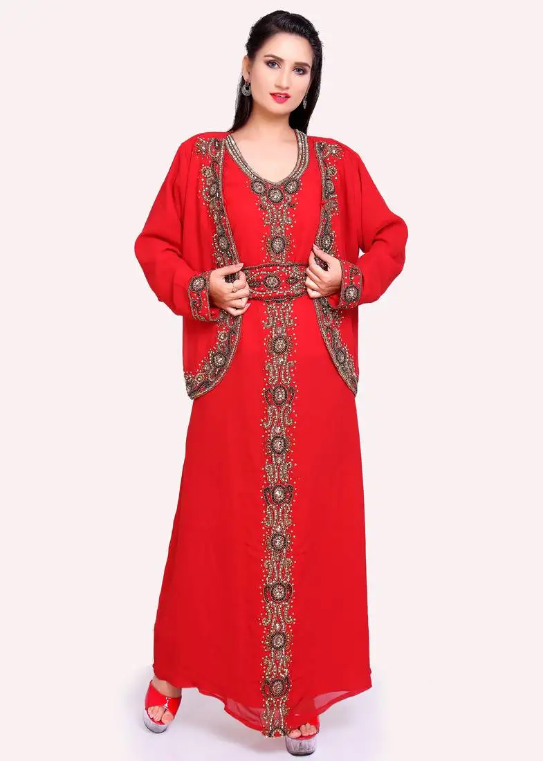 Glamorous georgette red stitched kaftan with matching belt & handwork embroidery detailing
