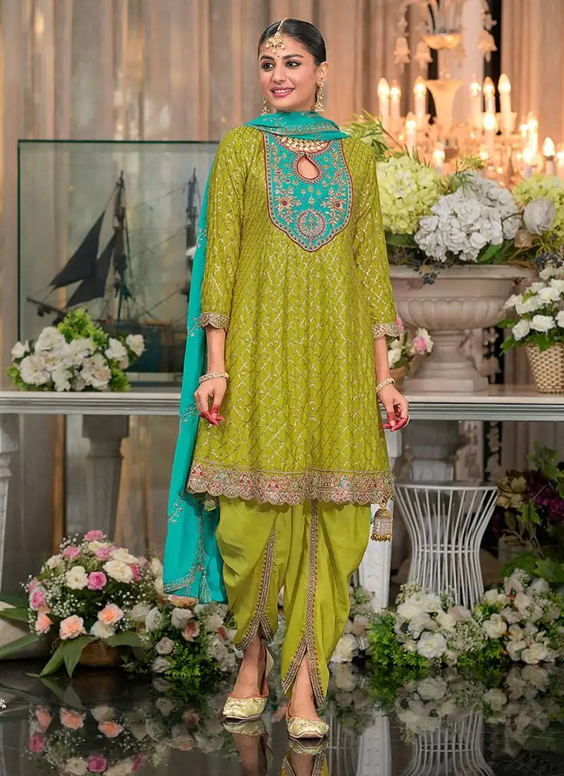 Olive green embroidery & sequence work chinon patiyala suits stitched