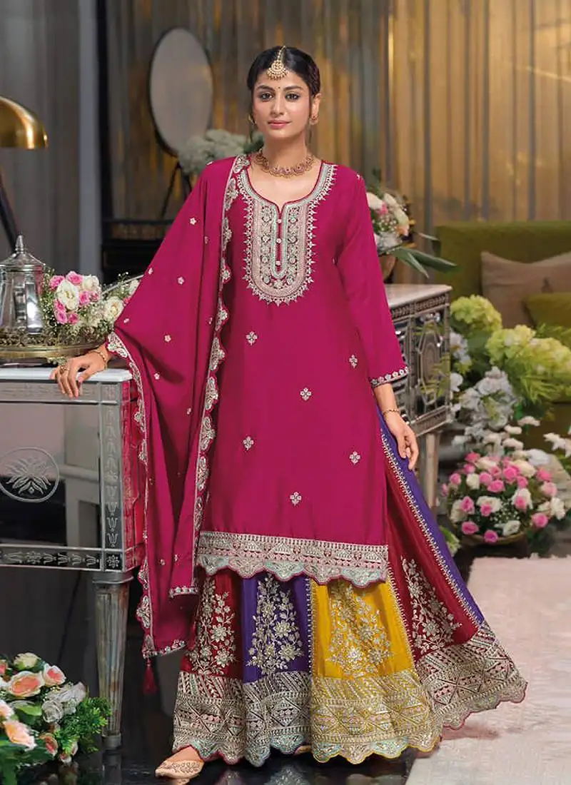 Rani pink embroidered designer suit with skirt & dupatta stitched