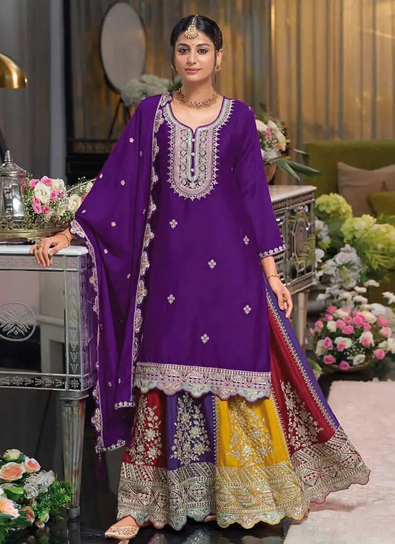 Purple embroidered designer suit with skirt & dupatta stitched