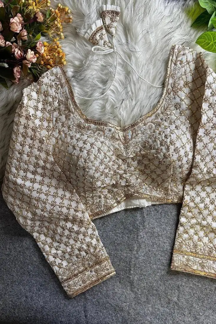 Red thread work deep neck embroidered blouse alterable upto 42 size