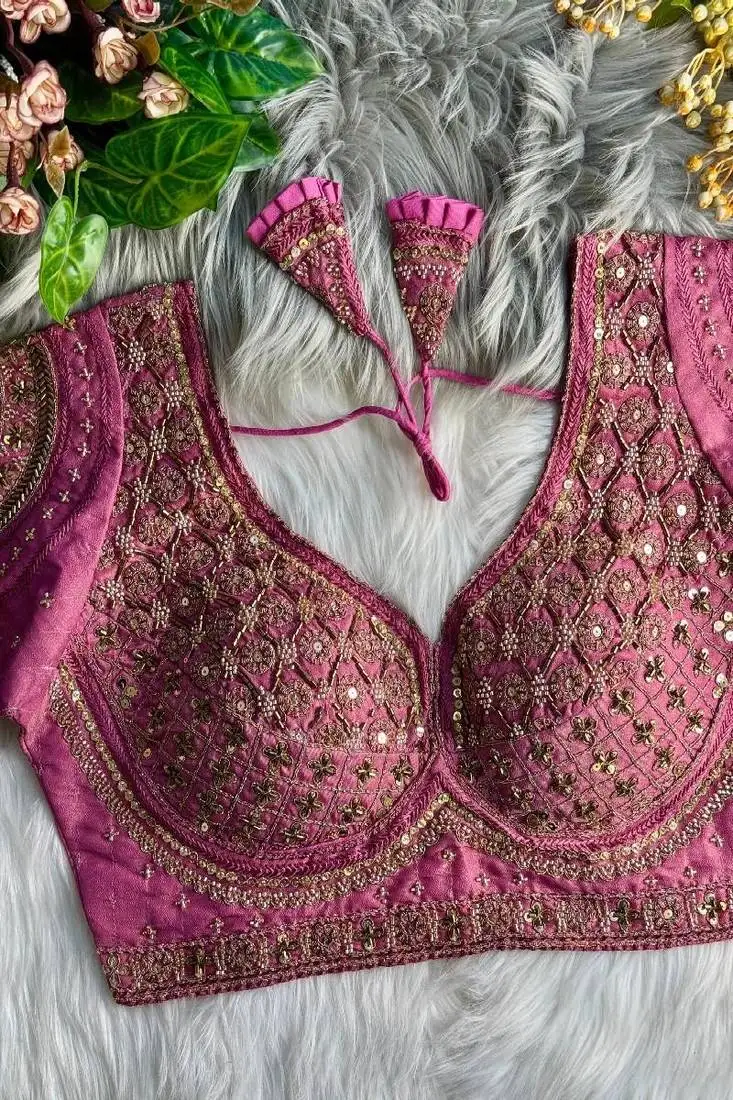 Pink colour heavy handwork party blouse alterable upto 42 size