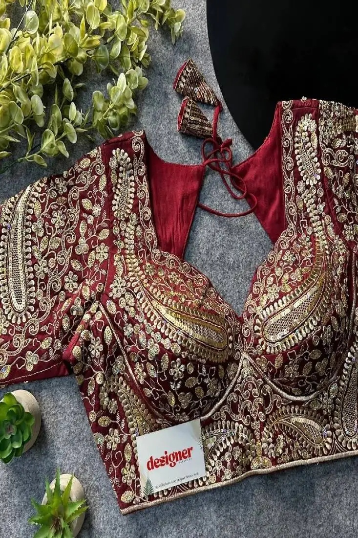 Maroon color italian silk readymade designer blouse with sequin & codding work
