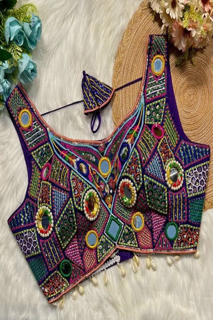 Purple sleeveless navratri handwork readymade blouse for garba nights