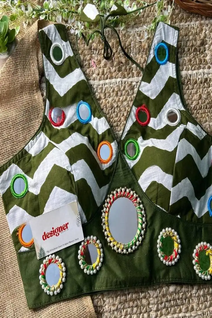 Green color navratri special readymade blouse with mirror work