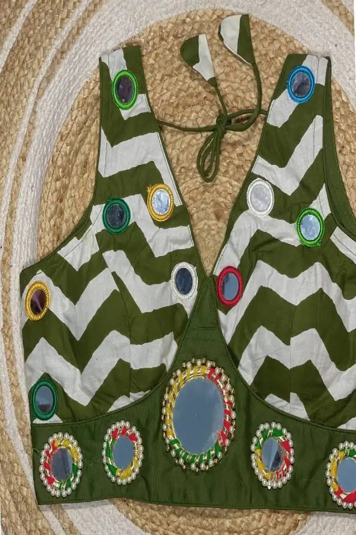 Mehndi color navratri special readymade blouse with mirror work