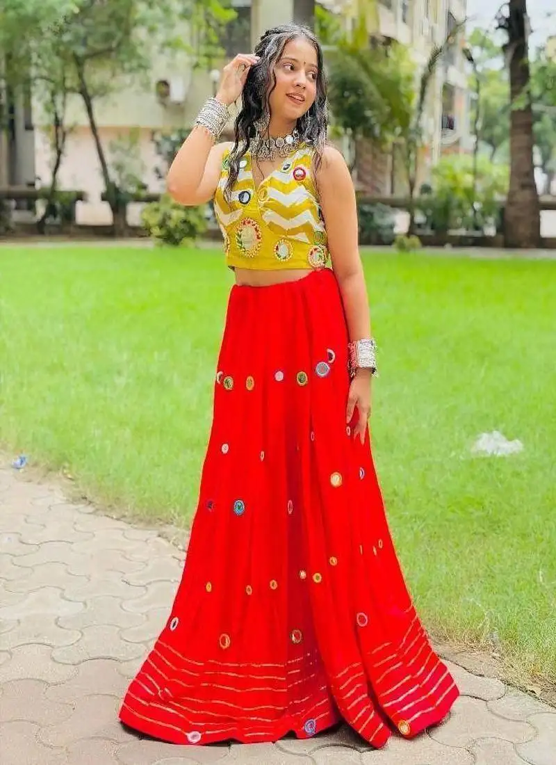 Red color multi work heavy lace readymade chaniya for navratri