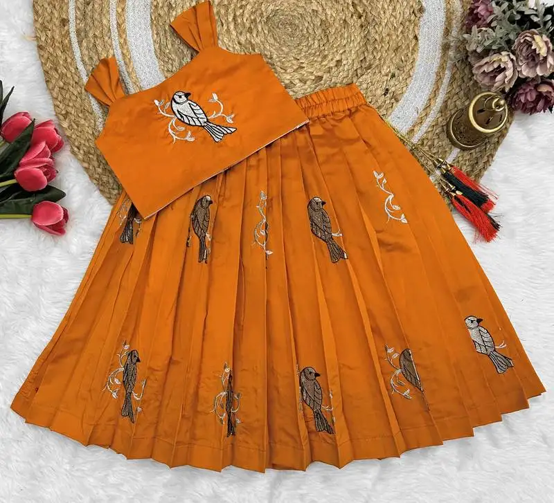 Kids orange new south indian traditional pattu pavadai jacquard lehenga choli for girls dress