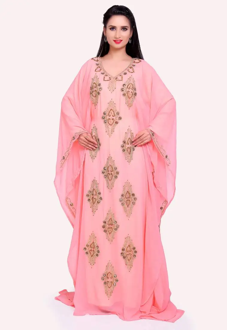 Royal stitched kaftan in peach pink with stone and handwork design
