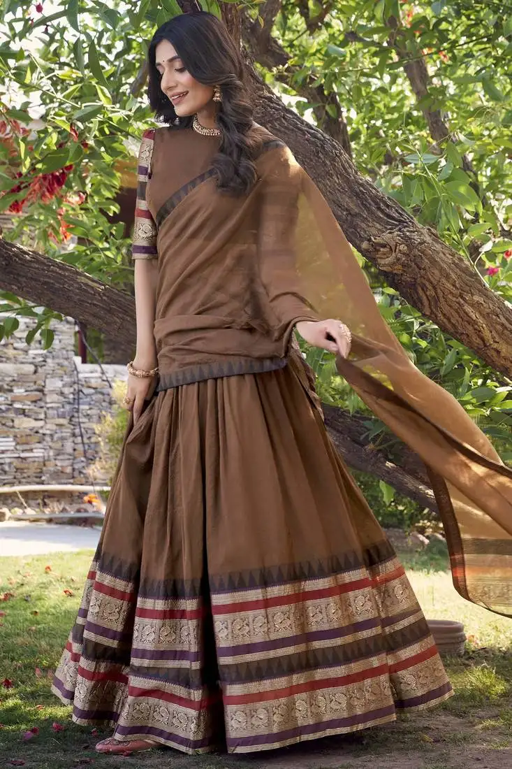 Brown chanderi silk zari weaving lehenga choli