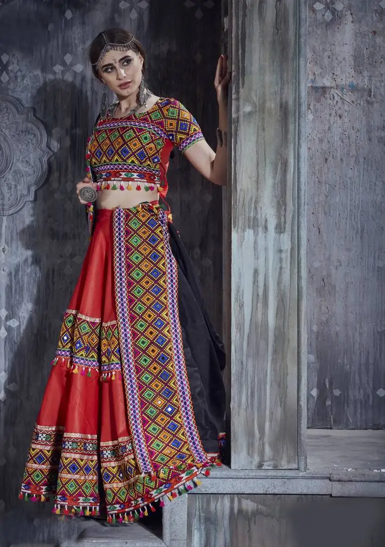 Red and black gamthi work navratri rajwadi indian designer chaniya choli online