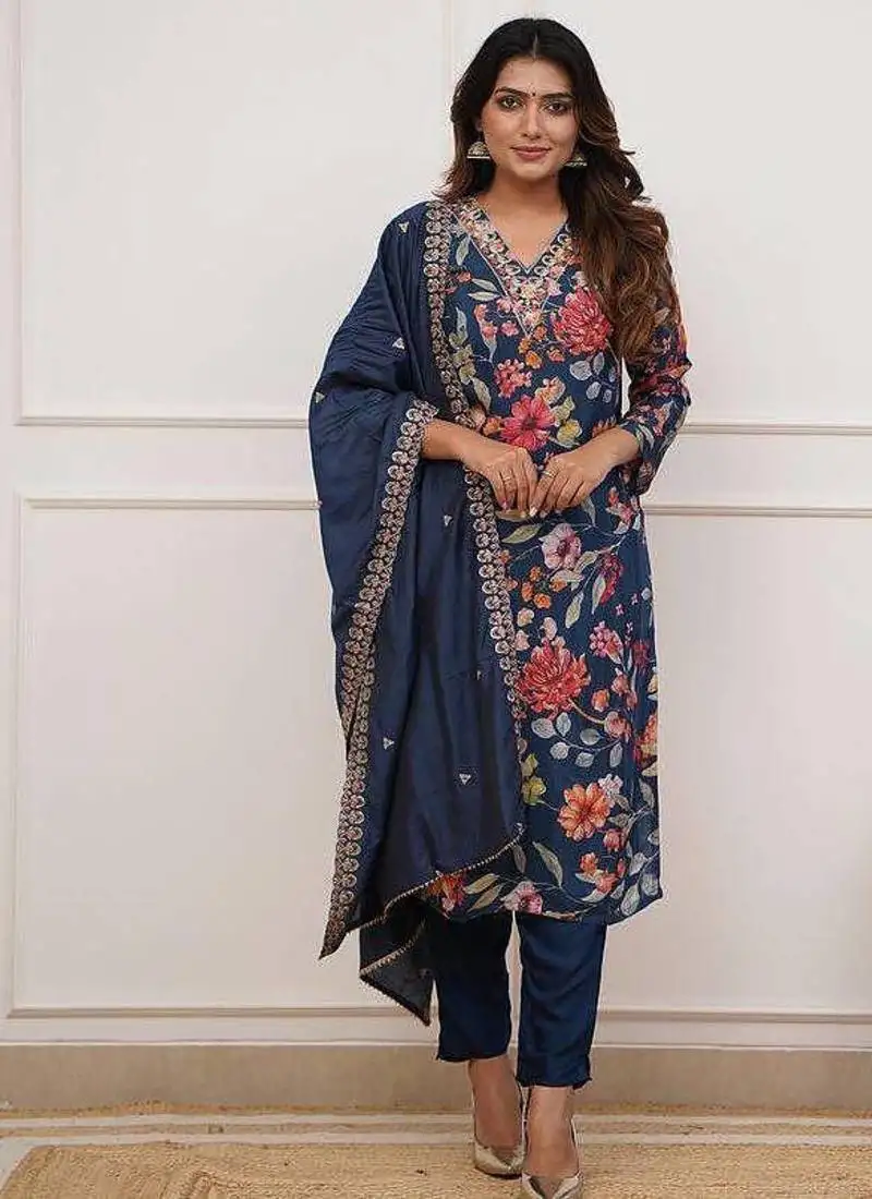 Women's gorgeous printed pure russian silk fabric stright kurta pant with dupatta set