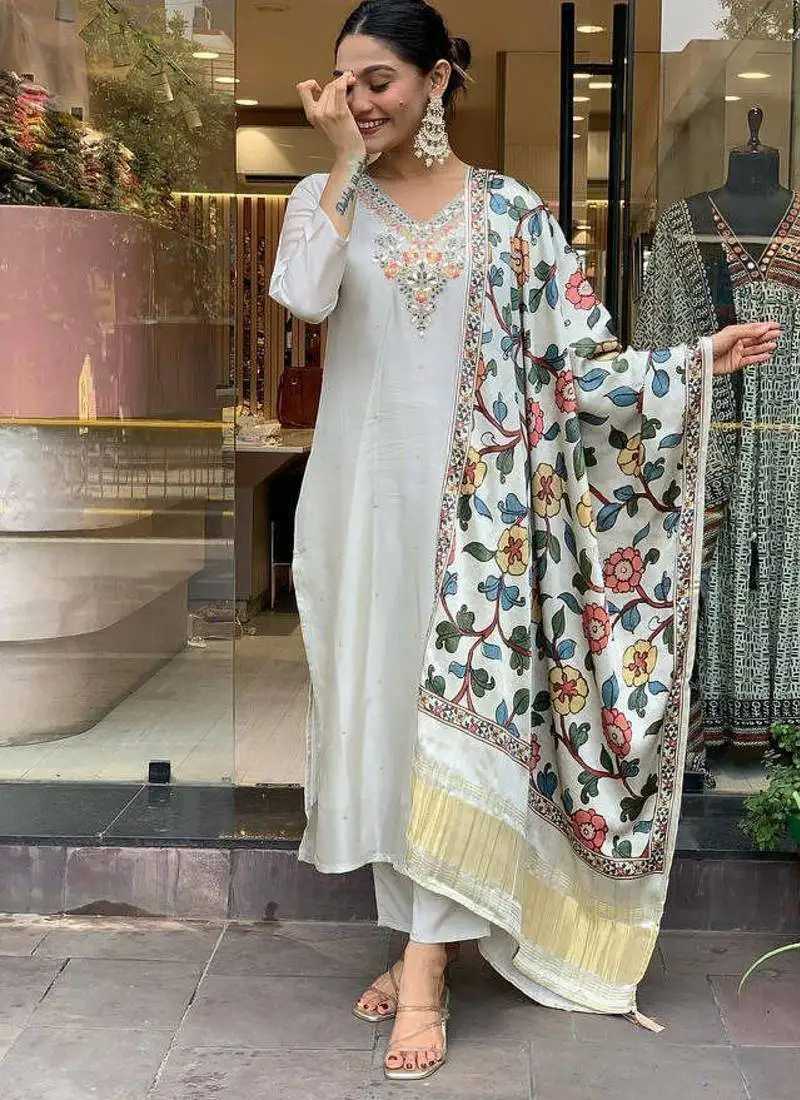 Women's gorgeous embroidery viscose chanderi fabric straight kurta pant with dupatta set