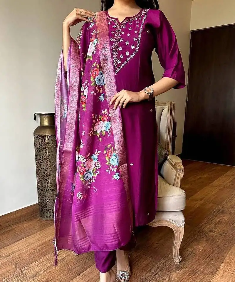 Women's gorgeous embroidery rayon fabric stright kurta pant with dupatta set