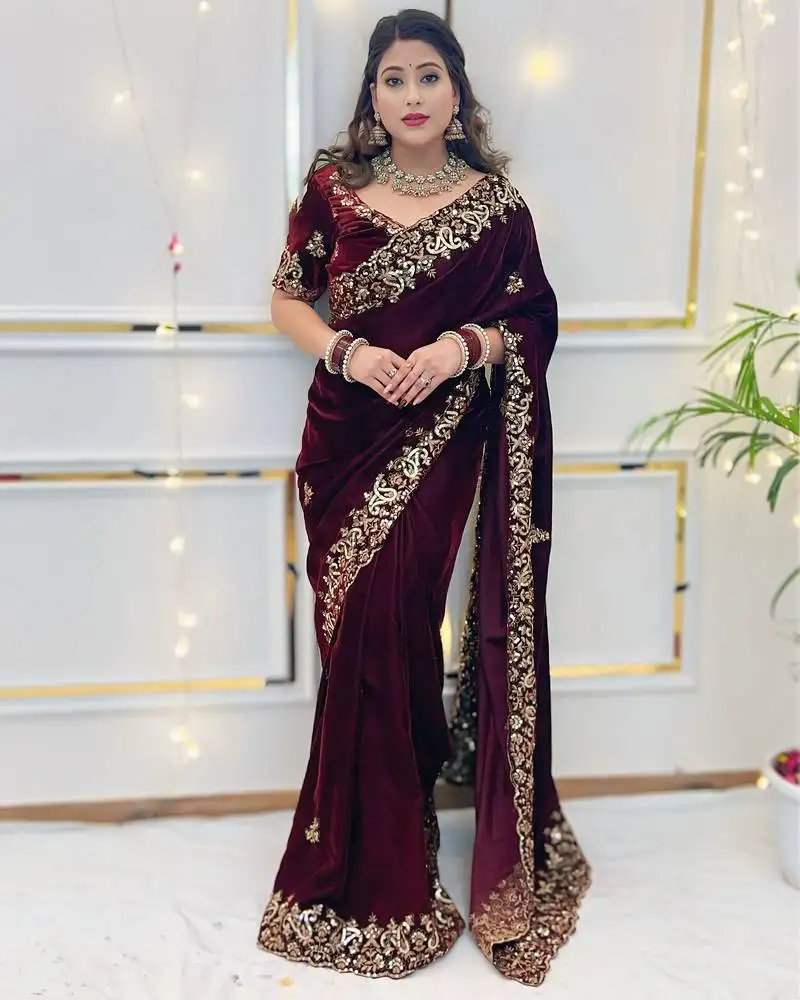 Maroon sequin & zari thread embroidery work saree with unstitched blouse