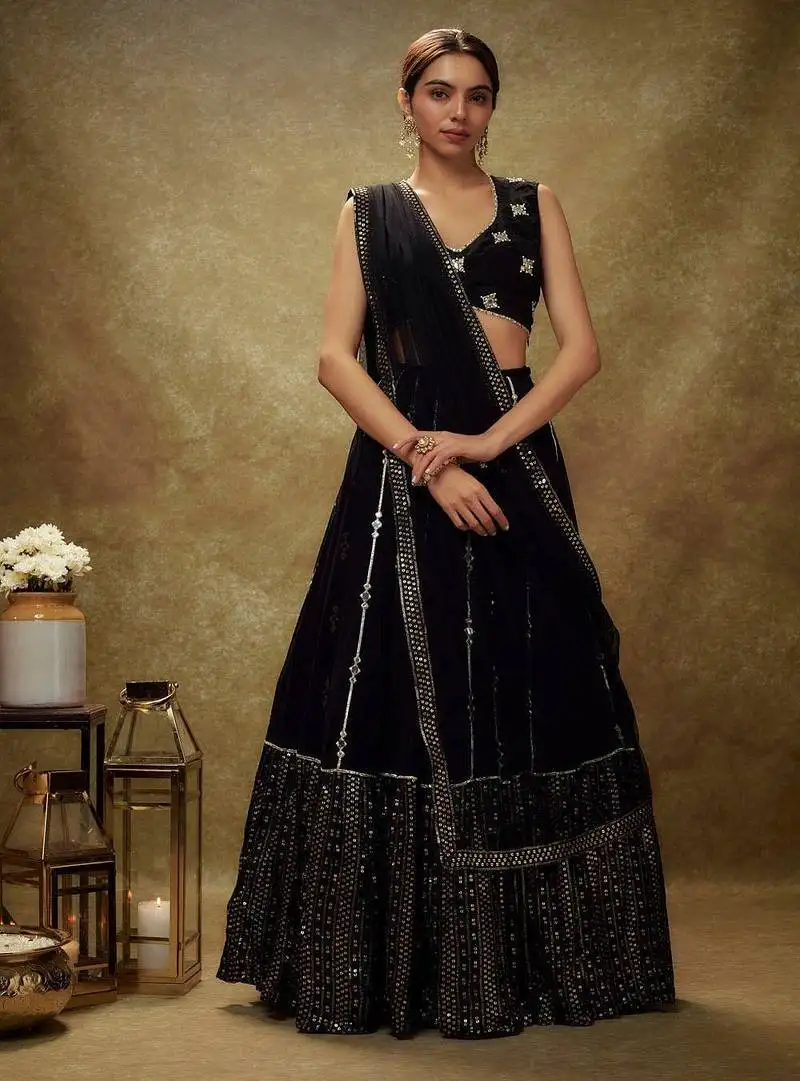 Black sequins embroidered georgette lehenga choli