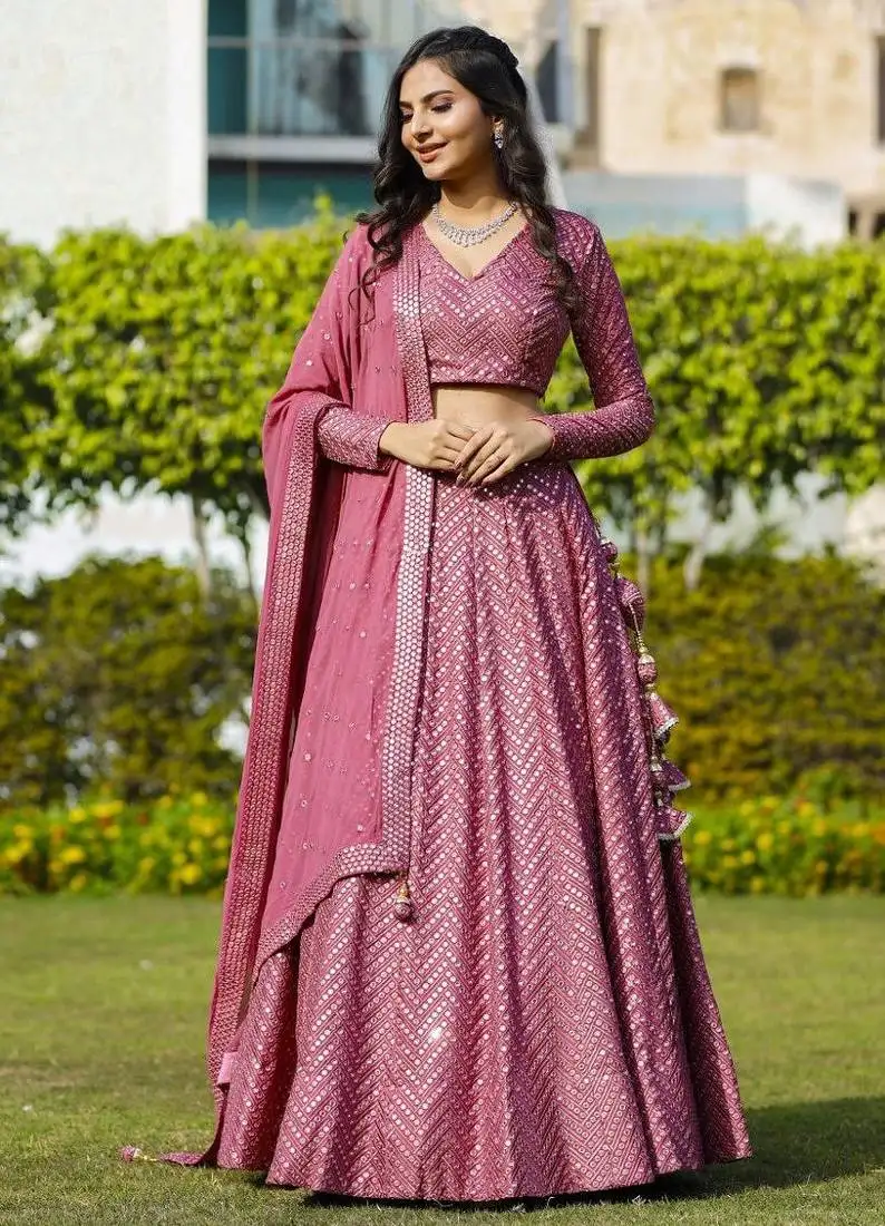 Pink sequin embroidered faux georgette lehenga