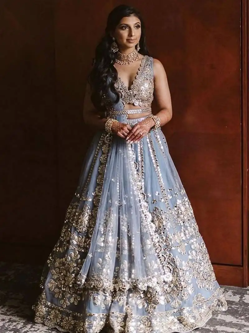 Grey zari with paper mirror embroidered net lehenga choli