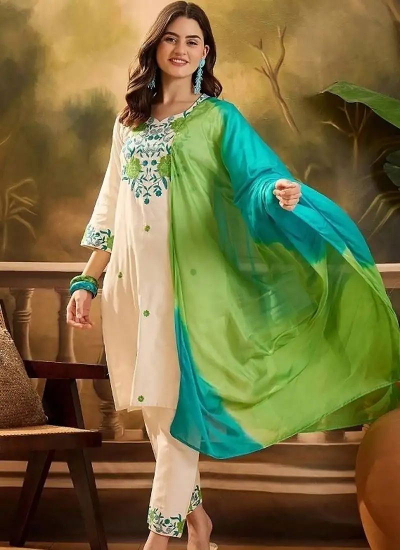 Women's beautiful viscose fabric thread work straight kurta with pant and dupatta set