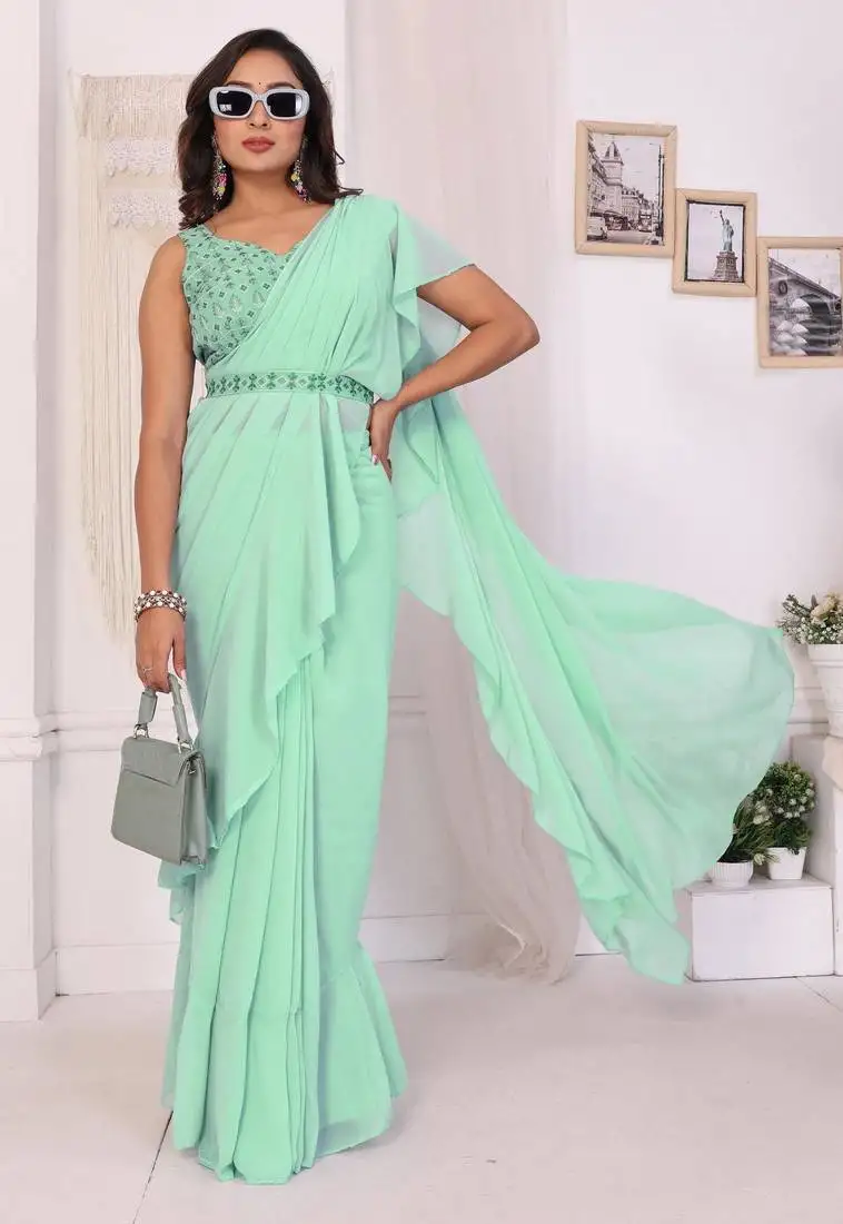 New collection georgette ready to wear ruffle style saree with amazing embroidery blouse & belt
