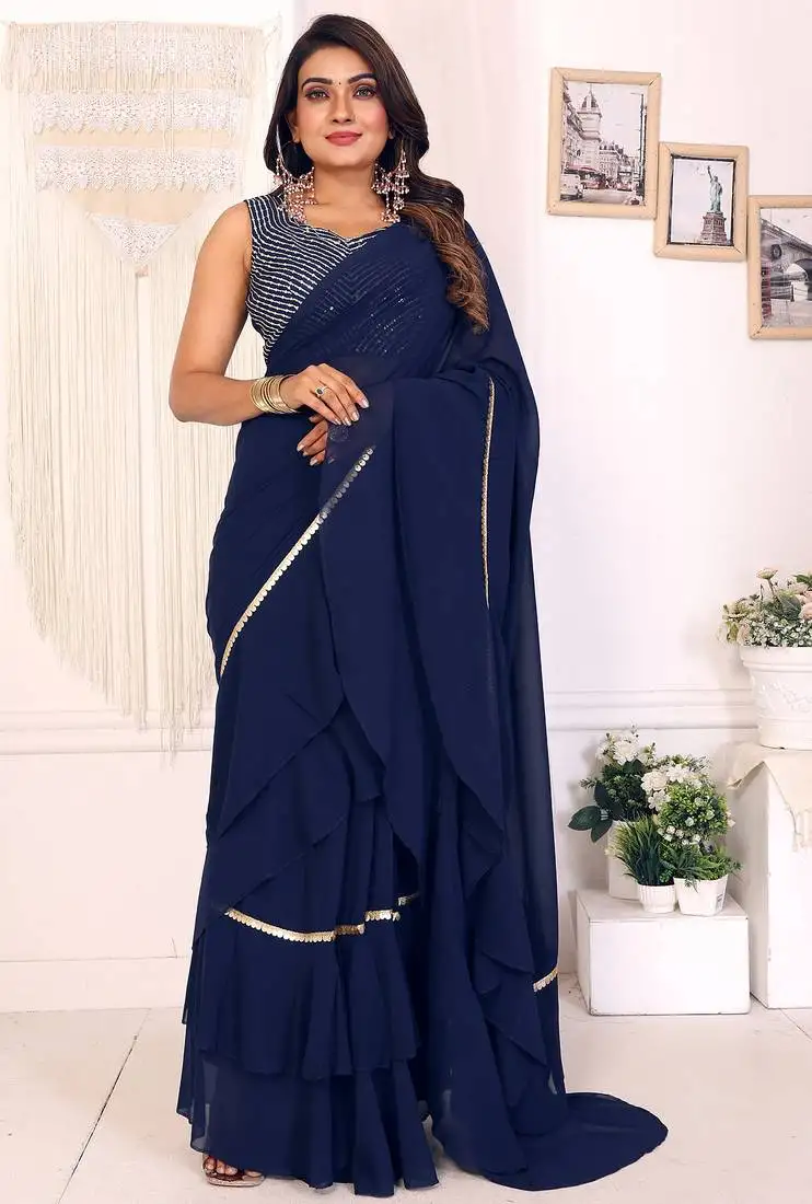 Navy georgette ready to wear ruffle style saree with sequin embroidery blouse piece